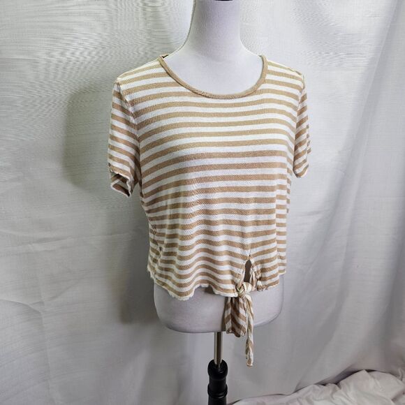 MICHAEL Michael Kors Tan Striped Tie Hem Linen Blend Top Size XL - Picture 3 of 9